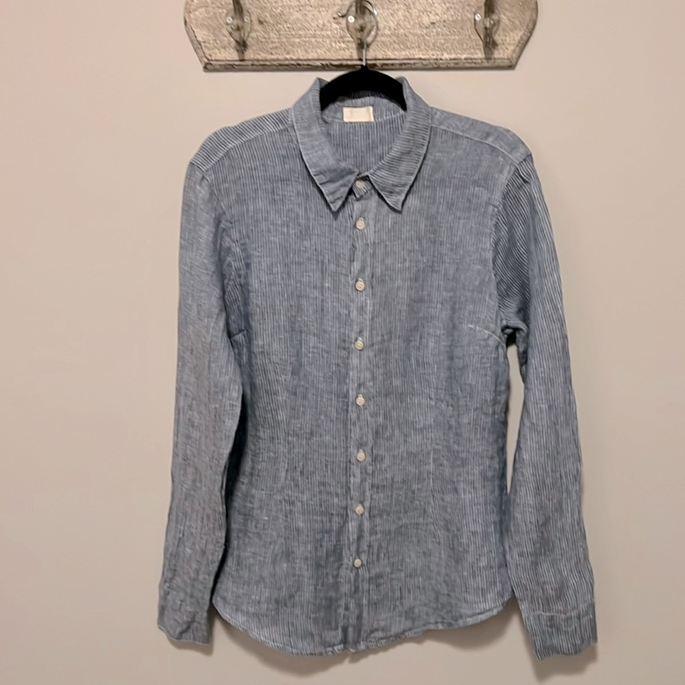 CP Shades Shirt, Blue Pin Striped Linen Top, Size M